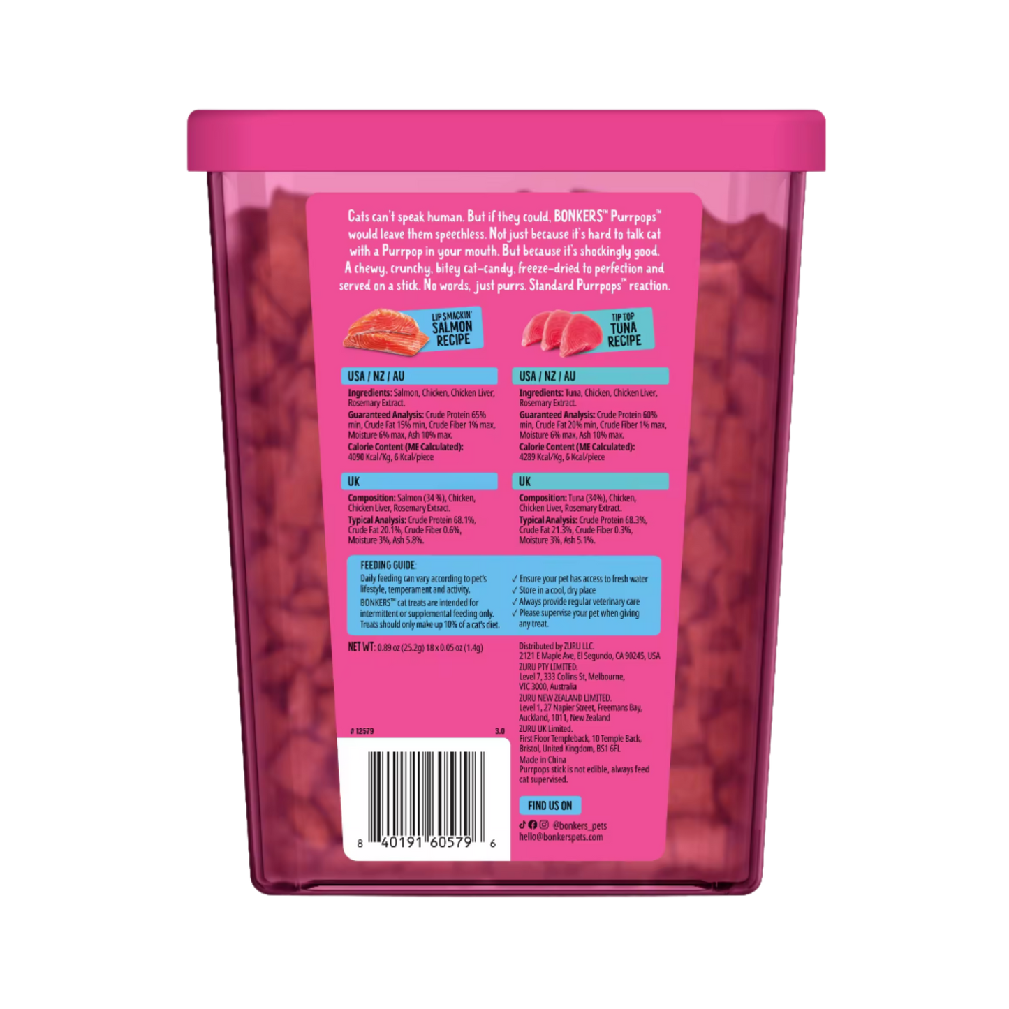 BONKERS PurrPops Cat Treats Freeze Dried Tuna & Salmon 18 PACK(25.2G)